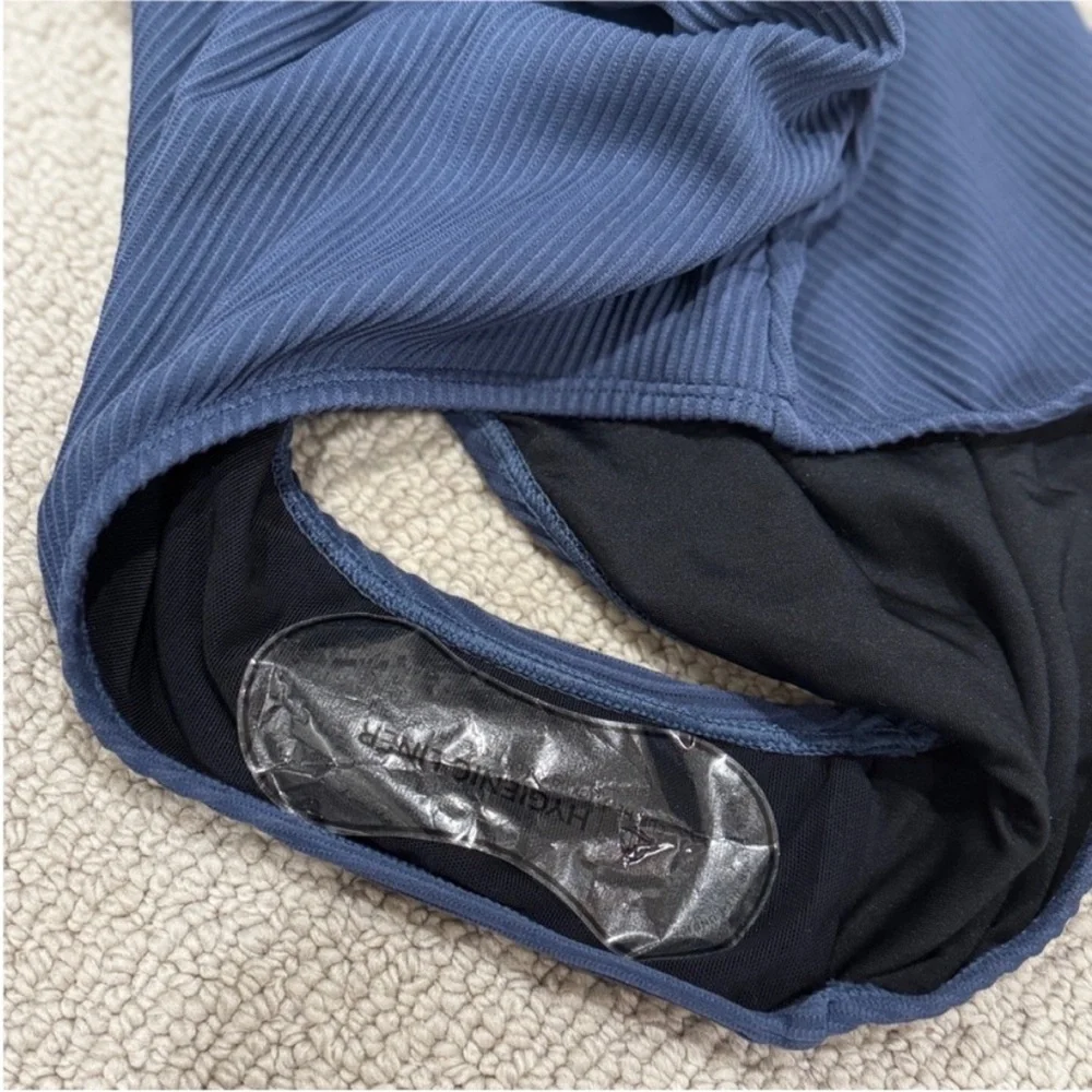 New! Cupshe Blue Ribbed Tummy Control Standard One-Piece - Picture 10 of 11